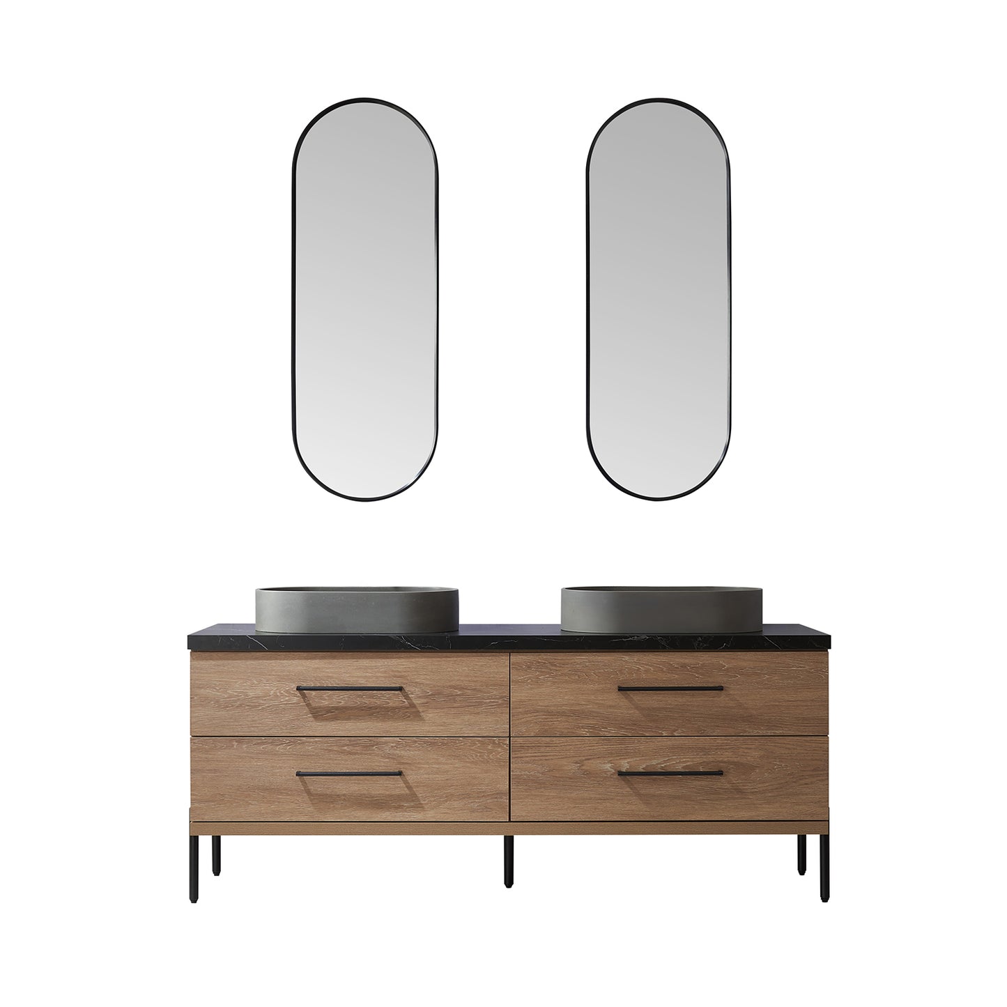 Trento 72" Double Sink Bath Vanity in North American Oak with Black Centered Stone Top with Concrete Sink and Mirror