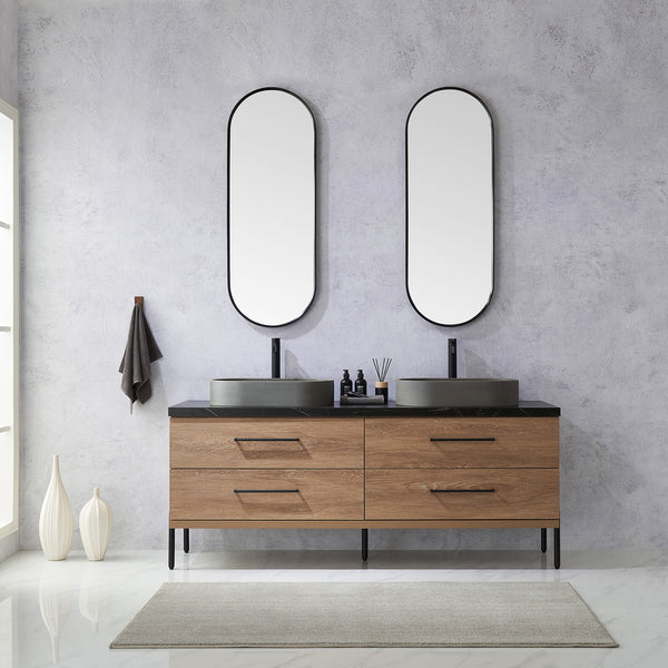 Trento 72 Double Sink Bath Vanity in North American Oak with Black Centered Stone Top with Concrete Sink and Mirror