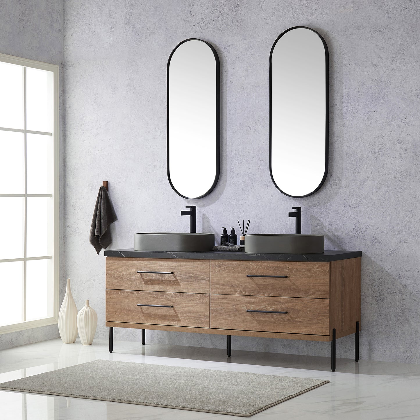 Trento 72" Double Sink Bath Vanity in North American Oak with Black Centered Stone Top with Concrete Sink and Mirror