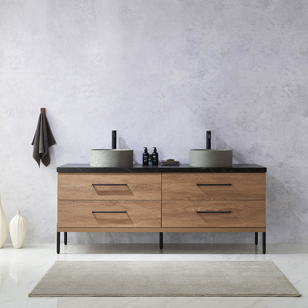 Trento 72 Double Sink Bath Vanity in North American Oak with Black Centered Stone Top with Concrete Sink