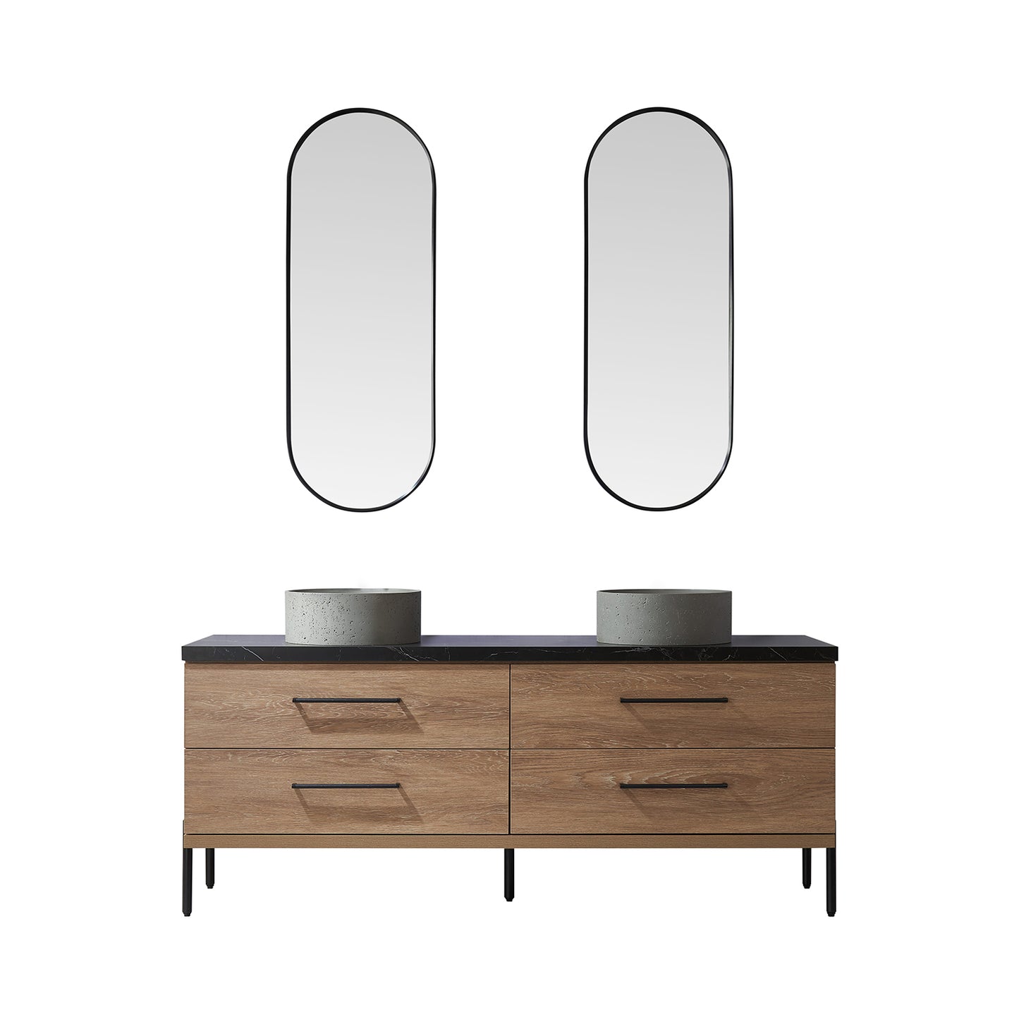 Trento 72" Double Sink Bath Vanity in North American Oak with Black Centered Stone Top with Concrete Sink and Mirror