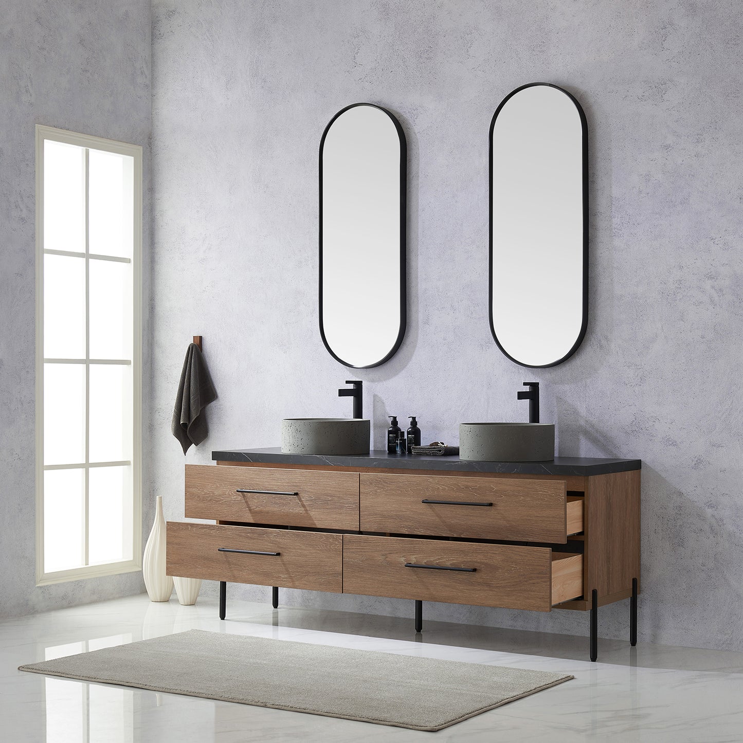 Trento 72" Double Sink Bath Vanity in North American Oak with Black Centered Stone Top with Concrete Sink and Mirror