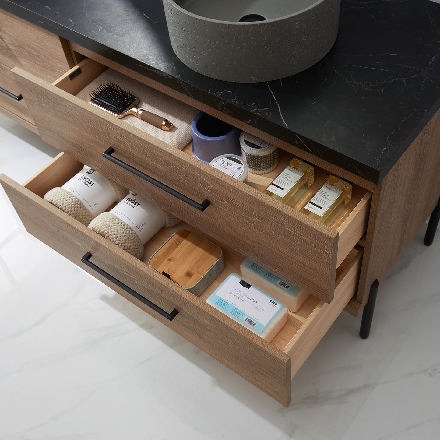 Trento 72" Double Sink Bath Vanity in North American Oak with Black Centered Stone Top with Concrete Sink and Mirror