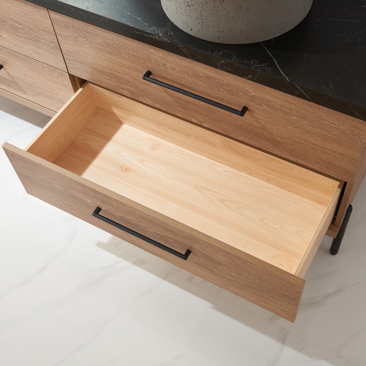 Trento 72" Double Sink Bath Vanity in North American Oak with Black Centered Stone Top with Concrete Sink and Mirror