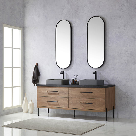 Trento 72" Double Sink Bath Vanity in North American Oak with Black Centered Stone Top with Concrete Sink and Mirror