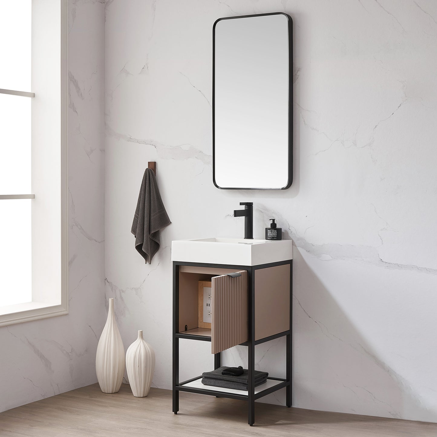 Marcilla 18" Single Sink Bath Vanity in Almond Coffee with One-Piece Composite Stone Sink Top and Mirror