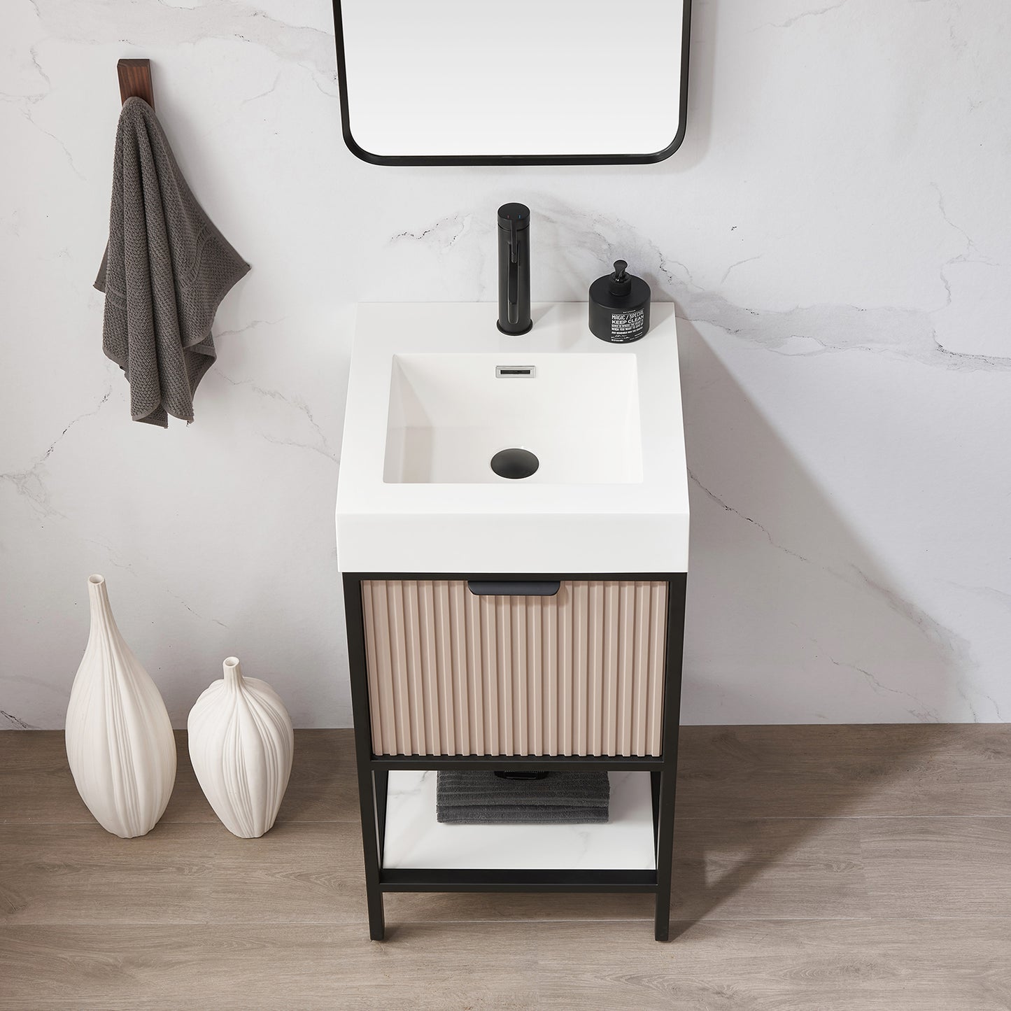 Marcilla 18" Single Sink Bath Vanity in Almond Coffee with One-Piece Composite Stone Sink Top and Mirror