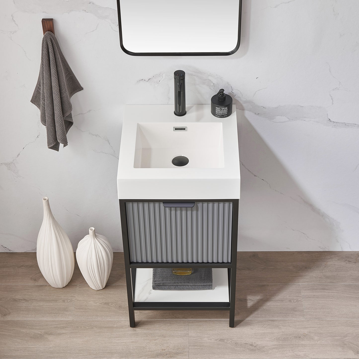 Marcilla 18" Single Sink Bath Vanity in Grey with One-Piece Composite Stone Sink Top and Mirror