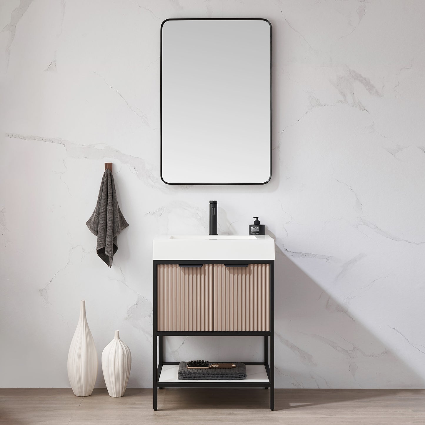 Marcilla 24" Single Sink Bath Vanity in Almond Coffee with One-Piece Composite Stone Sink Top and Mirror