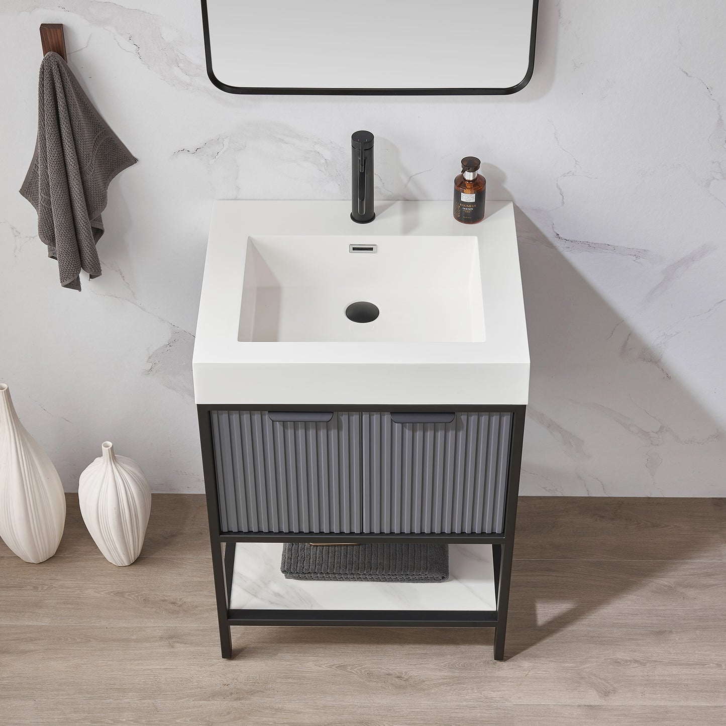 Marcilla 24" Single Sink Bath Vanity in Grey with One-Piece Composite Stone Sink Top and Mirror