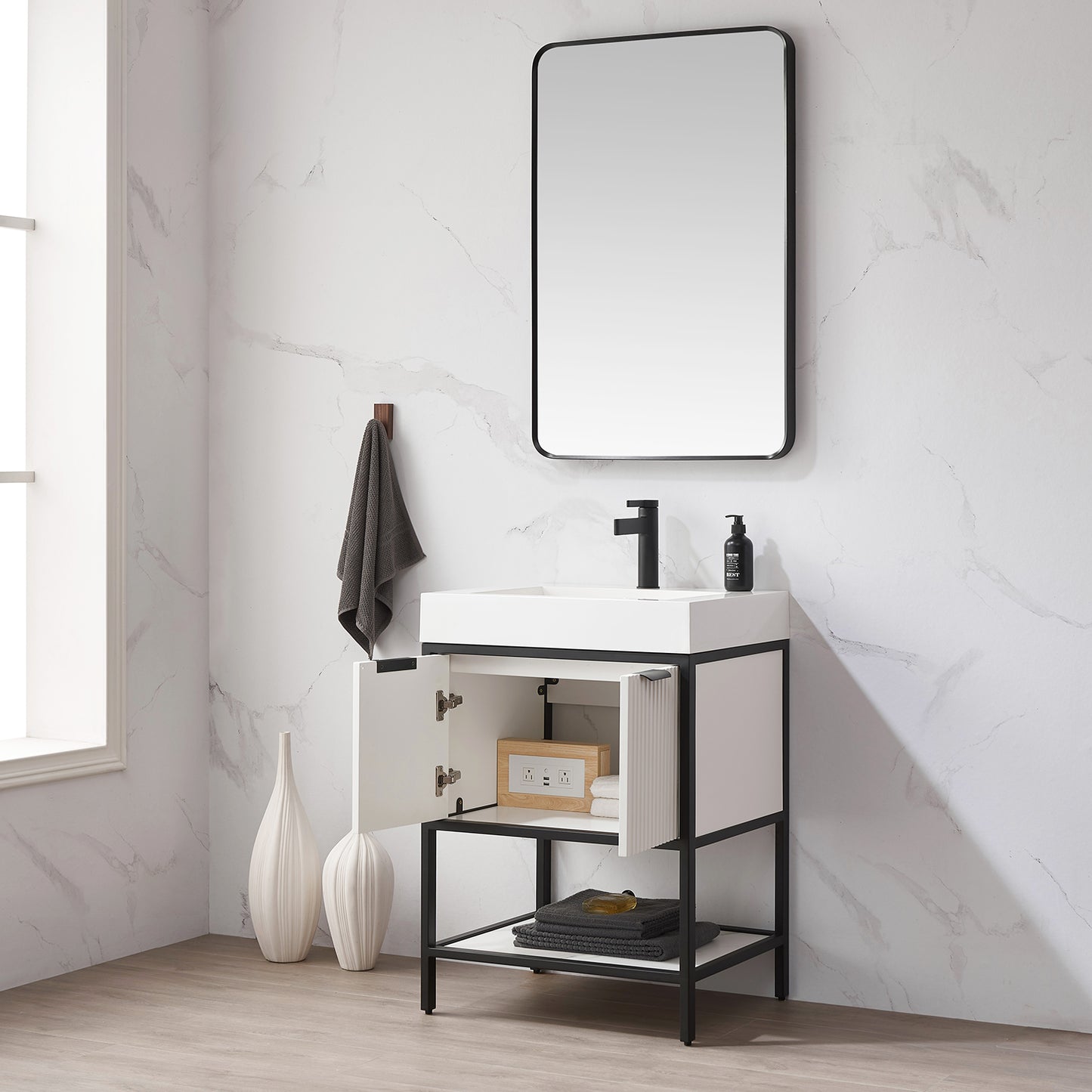 Marcilla 24" Single Sink Bath Vanity in White with One-Piece Composite Stone Sink Top and Mirror