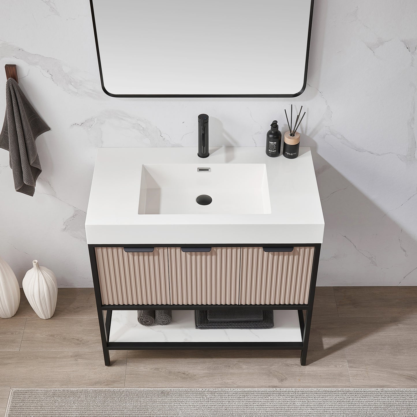 Marcilla 36" Single Sink Bath Vanity in Almond Coffee with One-Piece Composite Stone Sink Top and Mirror