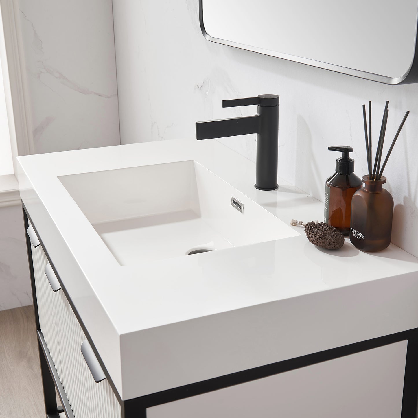 Marcilla 36" Single Sink Bath Vanity in White with One-Piece Composite Stone Sink Top and Mirror