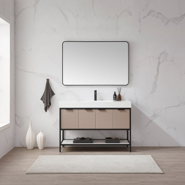 Marcilla 48 Single Sink Bath Vanity in Almond Coffee with One-Piece Composite Stone Sink Top and Mirror