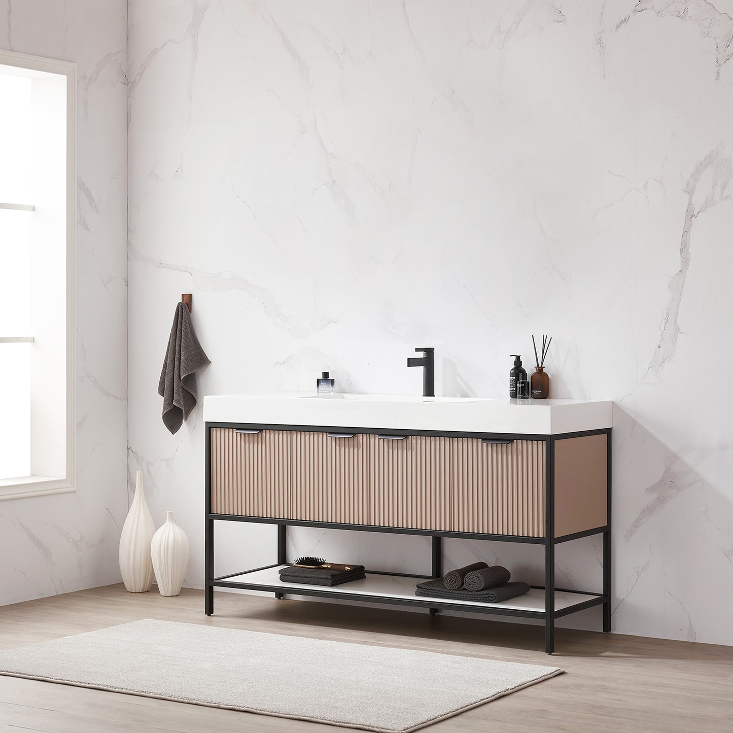 Marcilla 60" Single Sink Bath Vanity in Almond Coffee with One-Piece Composite Stone Sink Top
