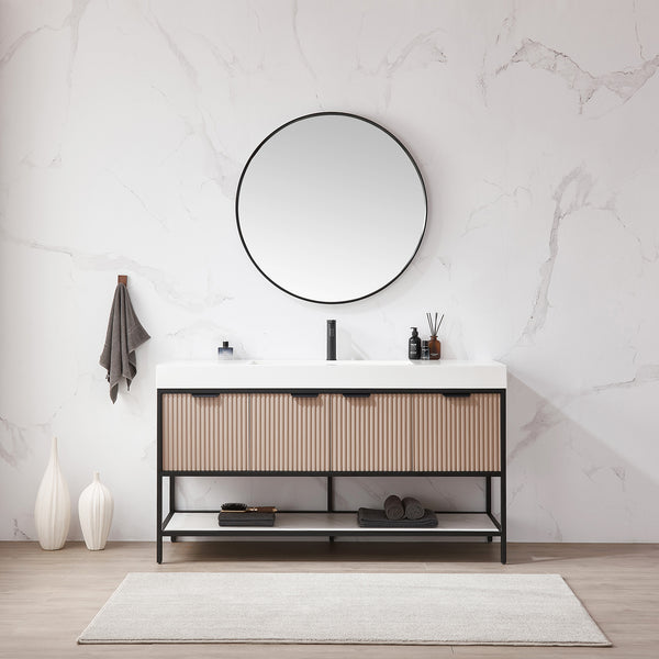 Marcilla 60 Single Sink Bath Vanity in Almond Coffee with One-Piece Composite Stone Sink Top and Mirror