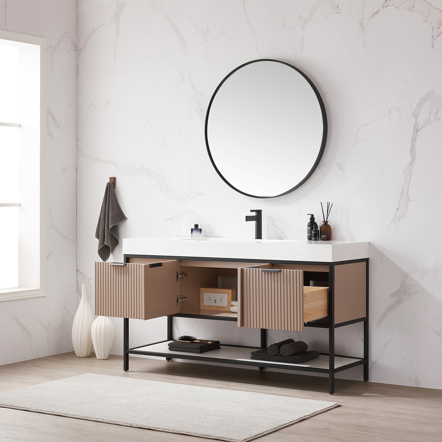 Marcilla 60" Single Sink Bath Vanity in Almond Coffee with One-Piece Composite Stone Sink Top and Mirror