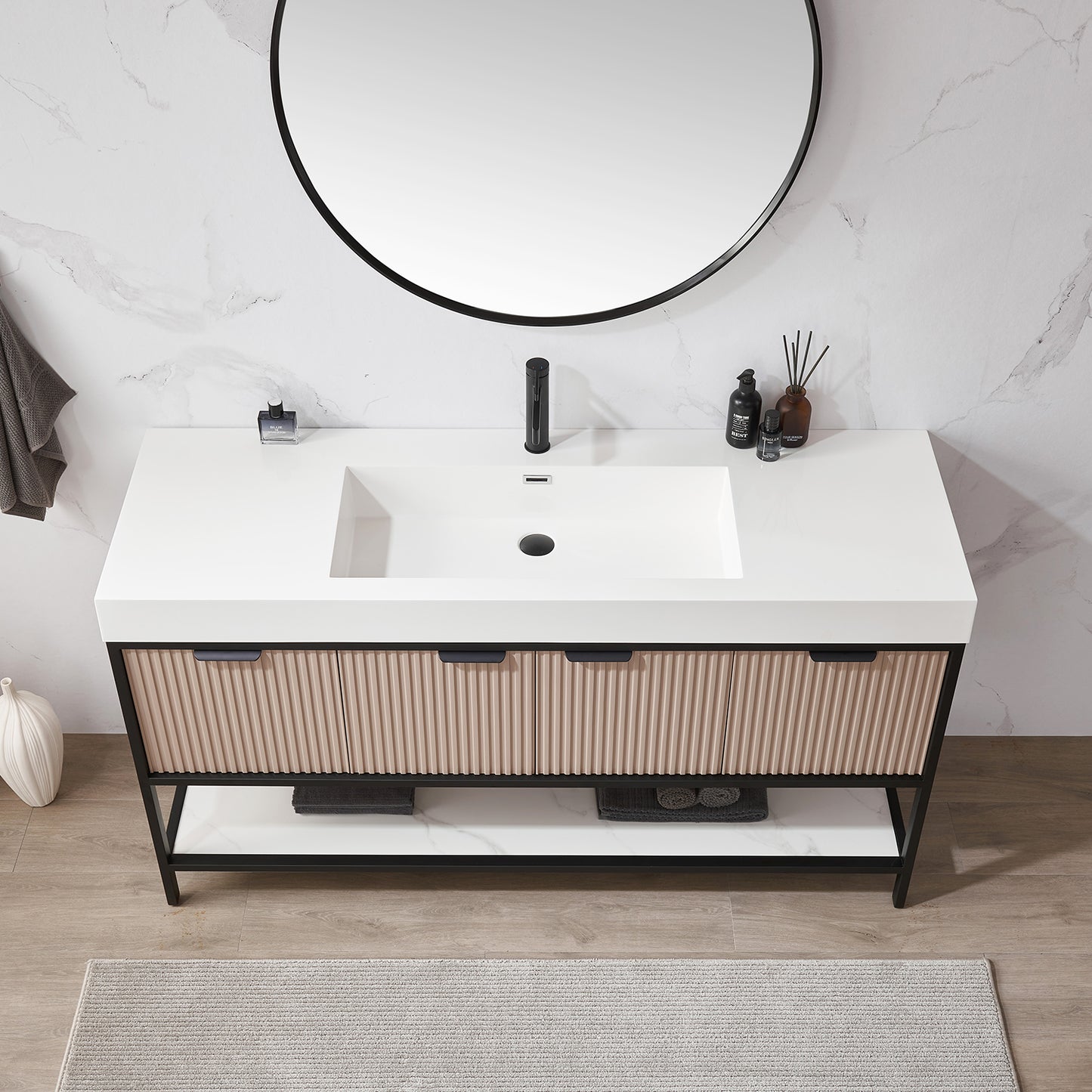 Marcilla 60" Single Sink Bath Vanity in Almond Coffee with One-Piece Composite Stone Sink Top and Mirror