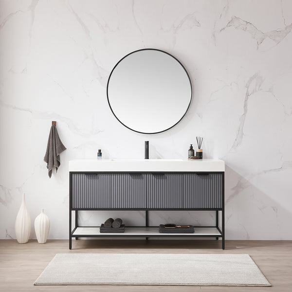 Marcilla 60 Single Sink Bath Vanity in Grey with One-Piece Composite Stone Sink Top and Mirror