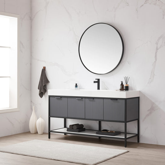 Marcilla 60" Single Sink Bath Vanity in Grey with One-Piece Composite Stone Sink Top and Mirror