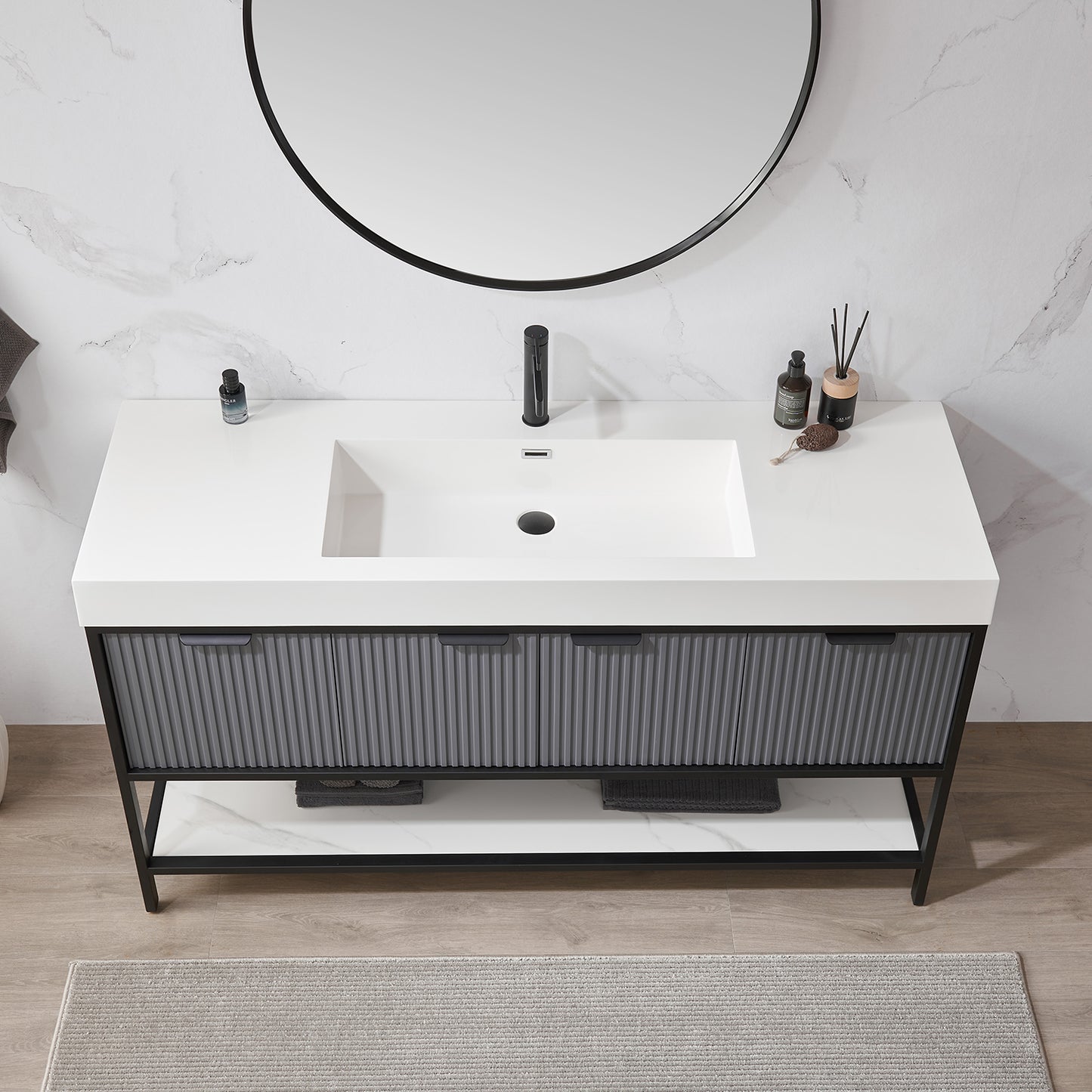Marcilla 60" Single Sink Bath Vanity in Grey with One-Piece Composite Stone Sink Top and Mirror