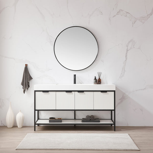 Marcilla 60 Single Sink Bath Vanity in White with One-Piece Composite Stone Sink Top and Mirror