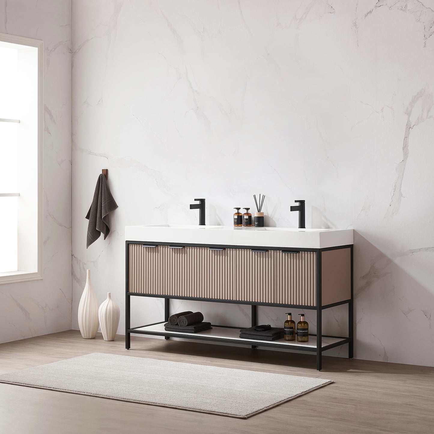 Marcilla 60" Double Sink Bath Vanity in Almond Coffee with One-Piece Composite Stone Sink Top