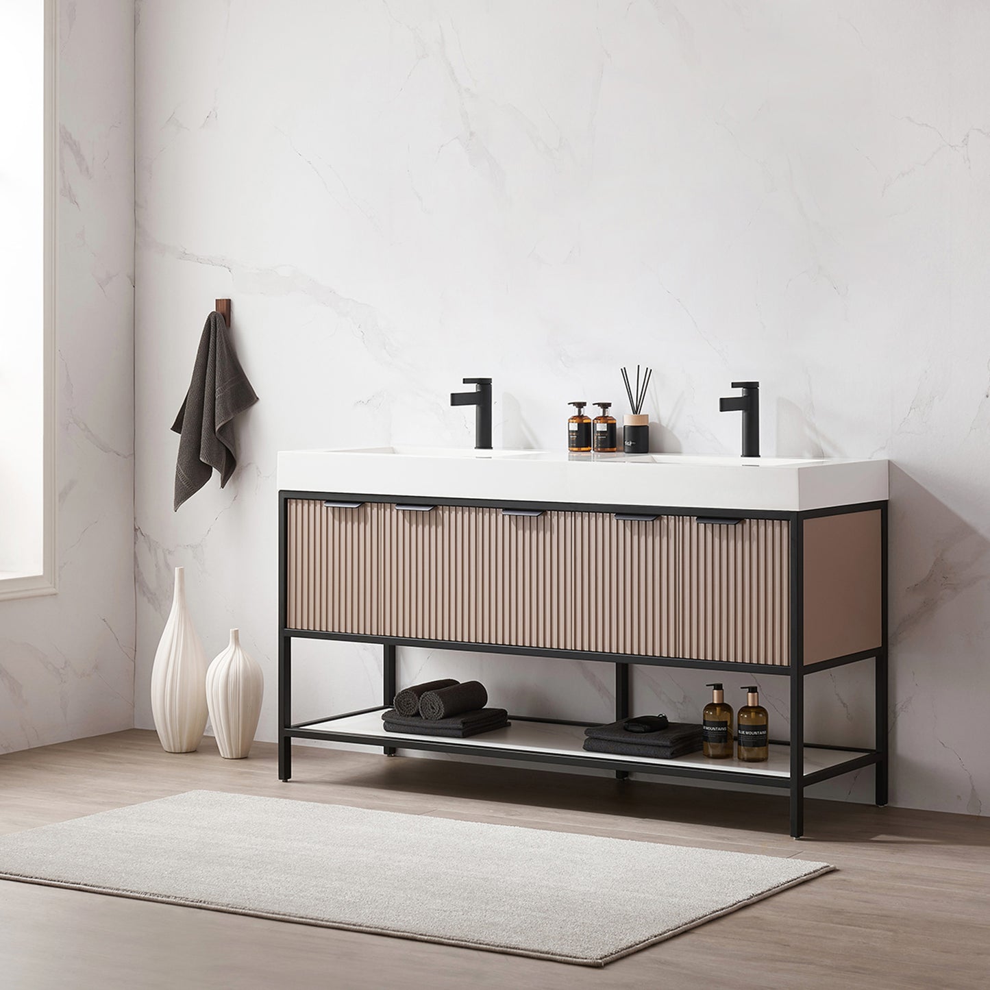 Marcilla 60" Double Sink Bath Vanity in Almond Coffee with One-Piece Composite Stone Sink Top