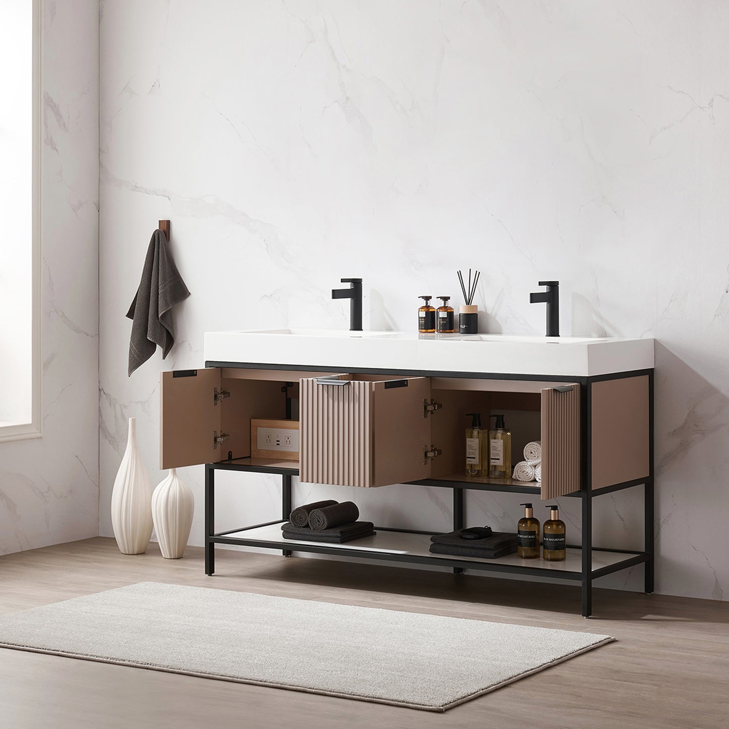 Marcilla 60" Double Sink Bath Vanity in Almond Coffee with One-Piece Composite Stone Sink Top