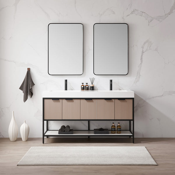 Marcilla 60 Double Sink Bath Vanity in Almond Coffee with One-Piece Composite Stone Sink Top and Mirror