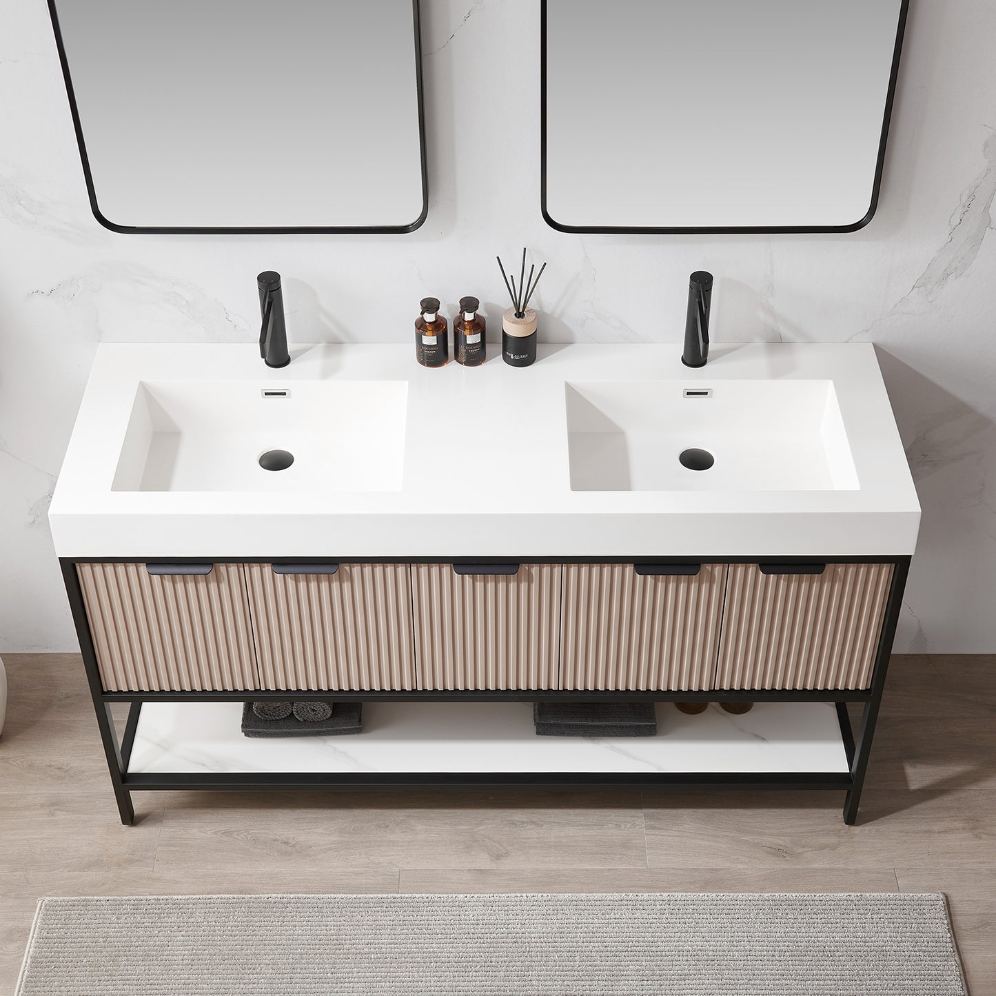 Marcilla 60" Double Sink Bath Vanity in Almond Coffee with One-Piece Composite Stone Sink Top and Mirror