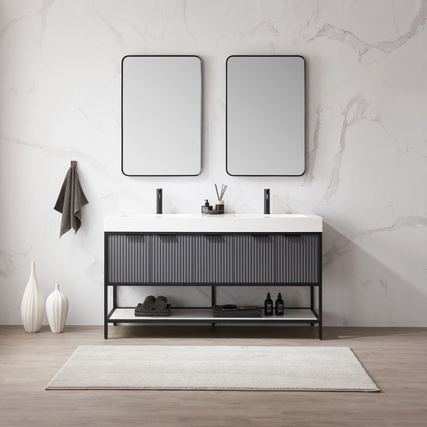 Marcilla 60 Double Sink Bath Vanity in Grey with One-Piece Composite Stone Sink Top and Mirror