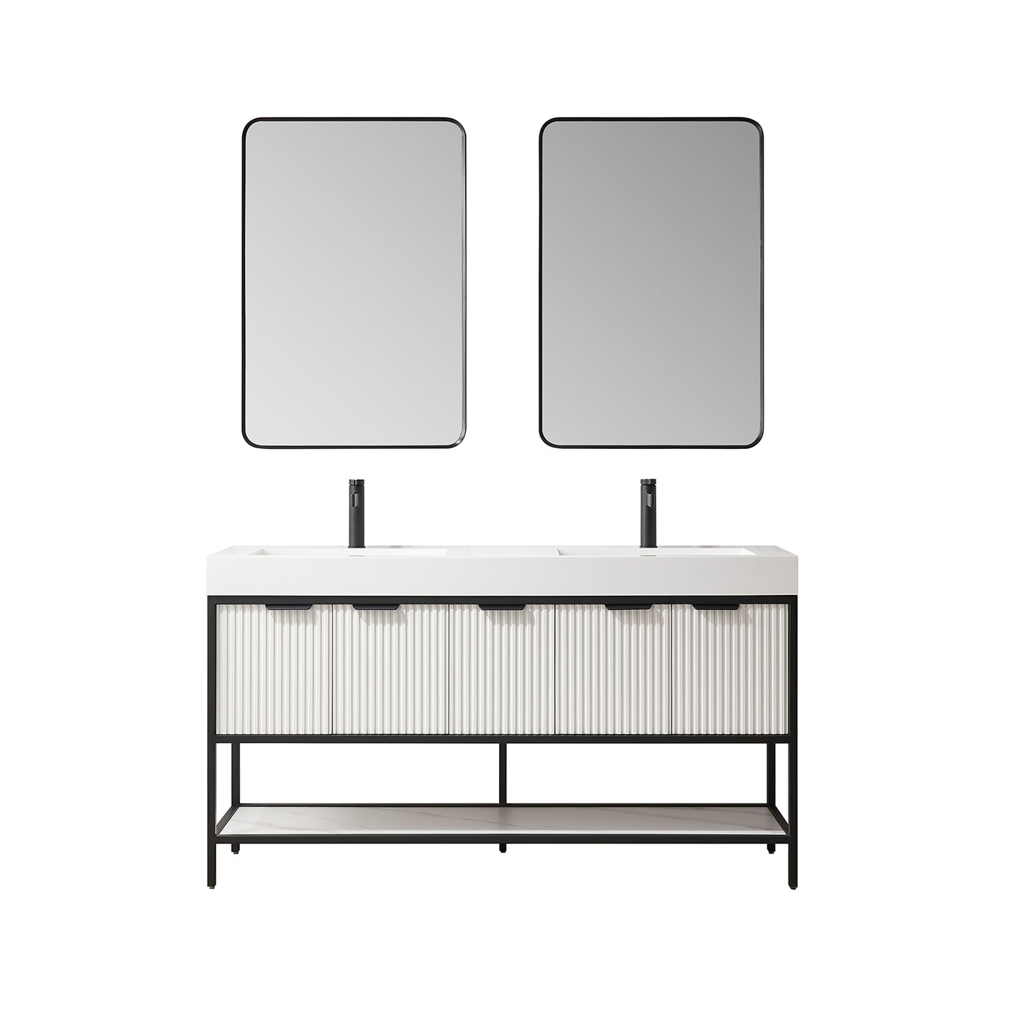 Marcilla 60" Double Sink Bath Vanity in White with One-Piece Composite Stone Sink Top and Mirror