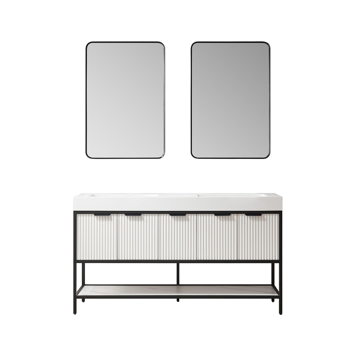 Marcilla 60" Double Sink Bath Vanity in White with One-Piece Composite Stone Sink Top and Mirror