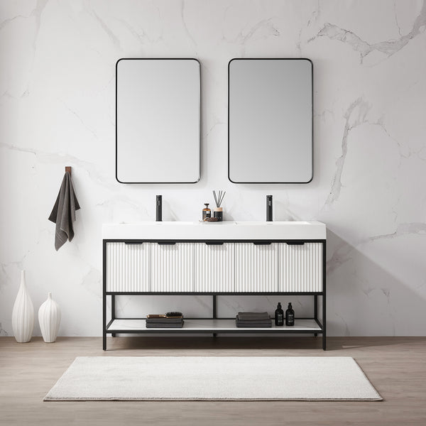 Marcilla 60 Double Sink Bath Vanity in White with One-Piece Composite Stone Sink Top and Mirror
