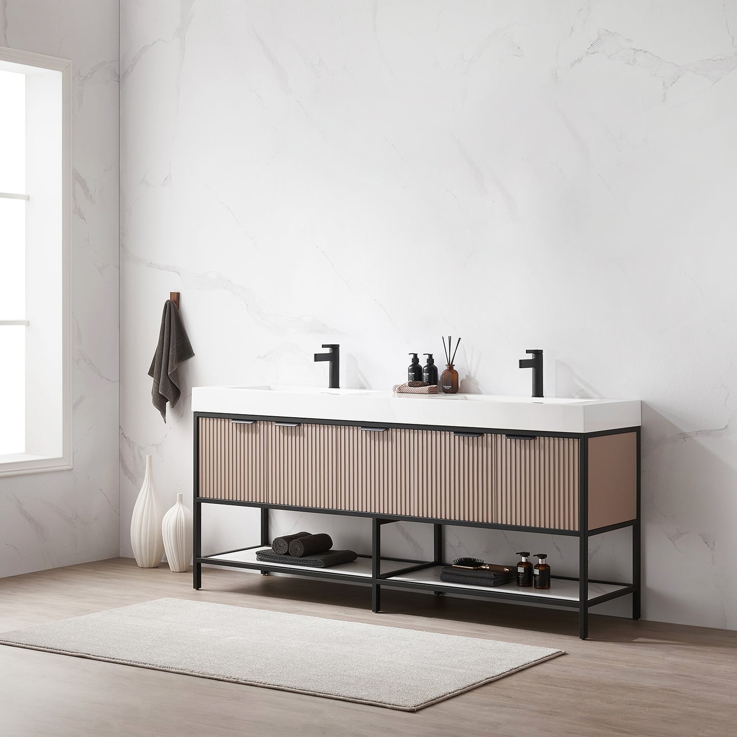 Marcilla 72" Double Sink Bath Vanity in Almond Coffee with One-Piece Composite Stone Sink Top