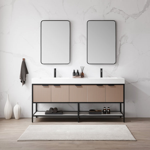Marcilla 72 Double Sink Bath Vanity in Almond Coffee with One-Piece Composite Stone Sink Top and Mirror