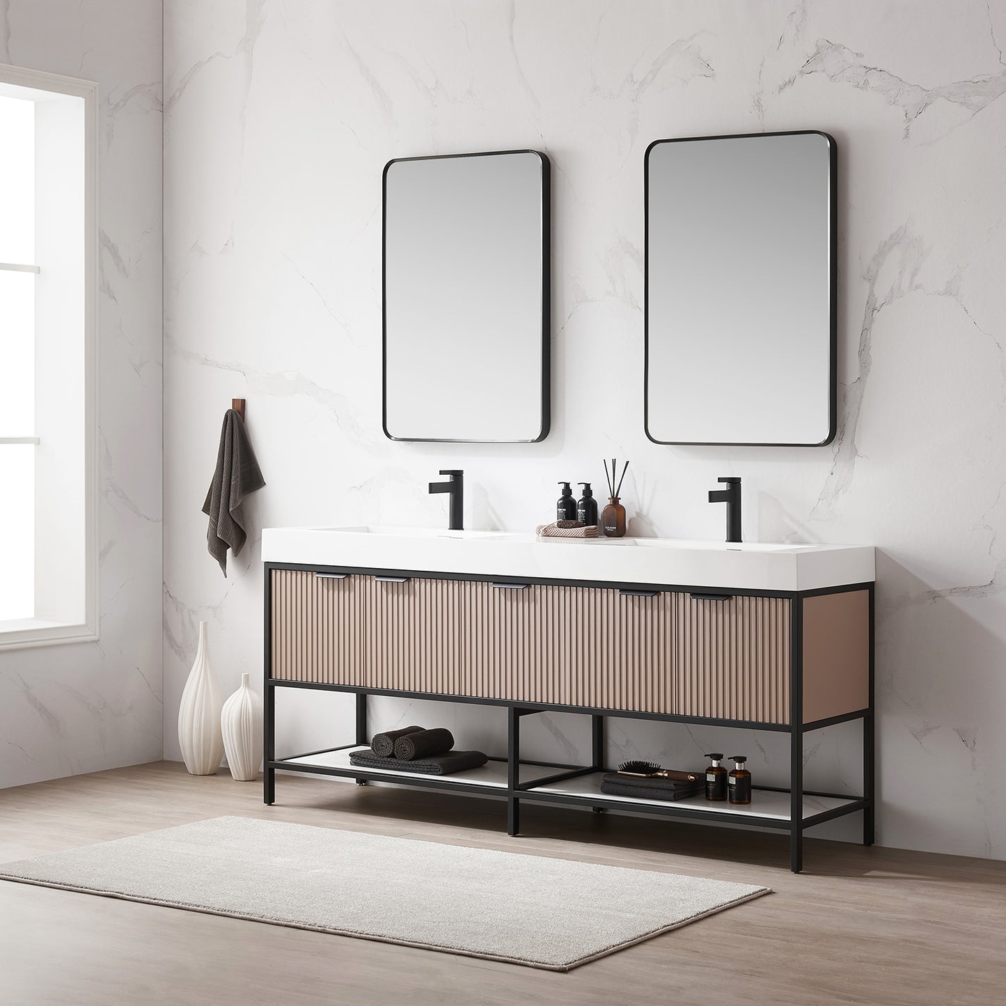 Marcilla 72" Double Sink Bath Vanity in Almond Coffee with One-Piece Composite Stone Sink Top and Mirror