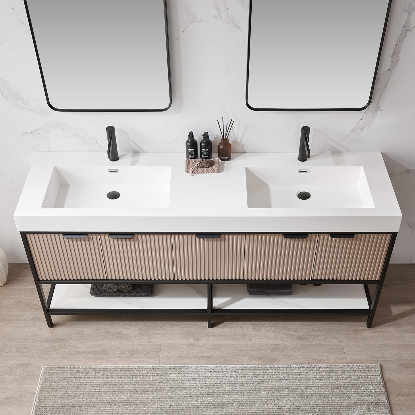 Marcilla 72" Double Sink Bath Vanity in Almond Coffee with One-Piece Composite Stone Sink Top and Mirror