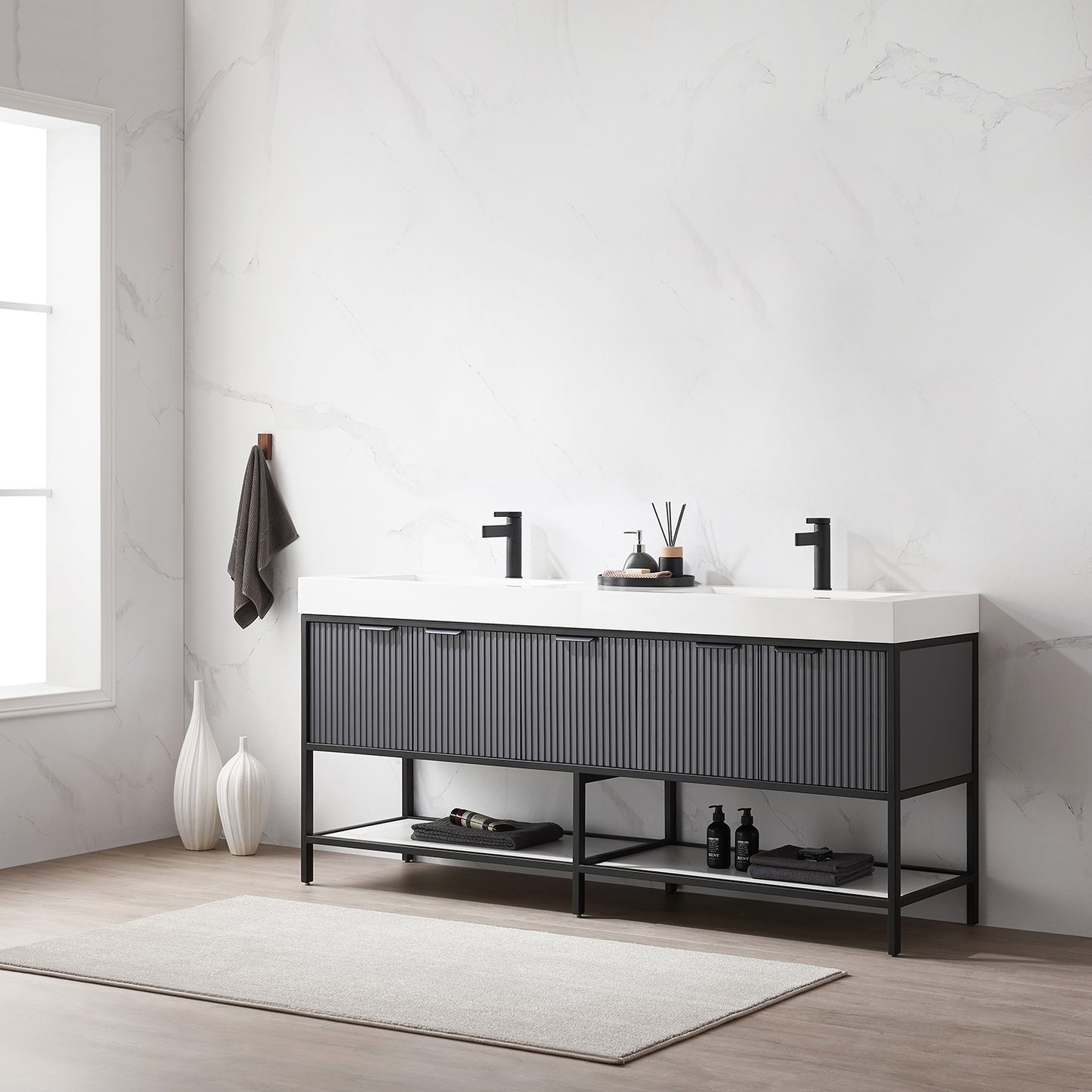 Marcilla 72" Double Sink Bath Vanity in Grey with One-Piece Composite Stone Sink Top