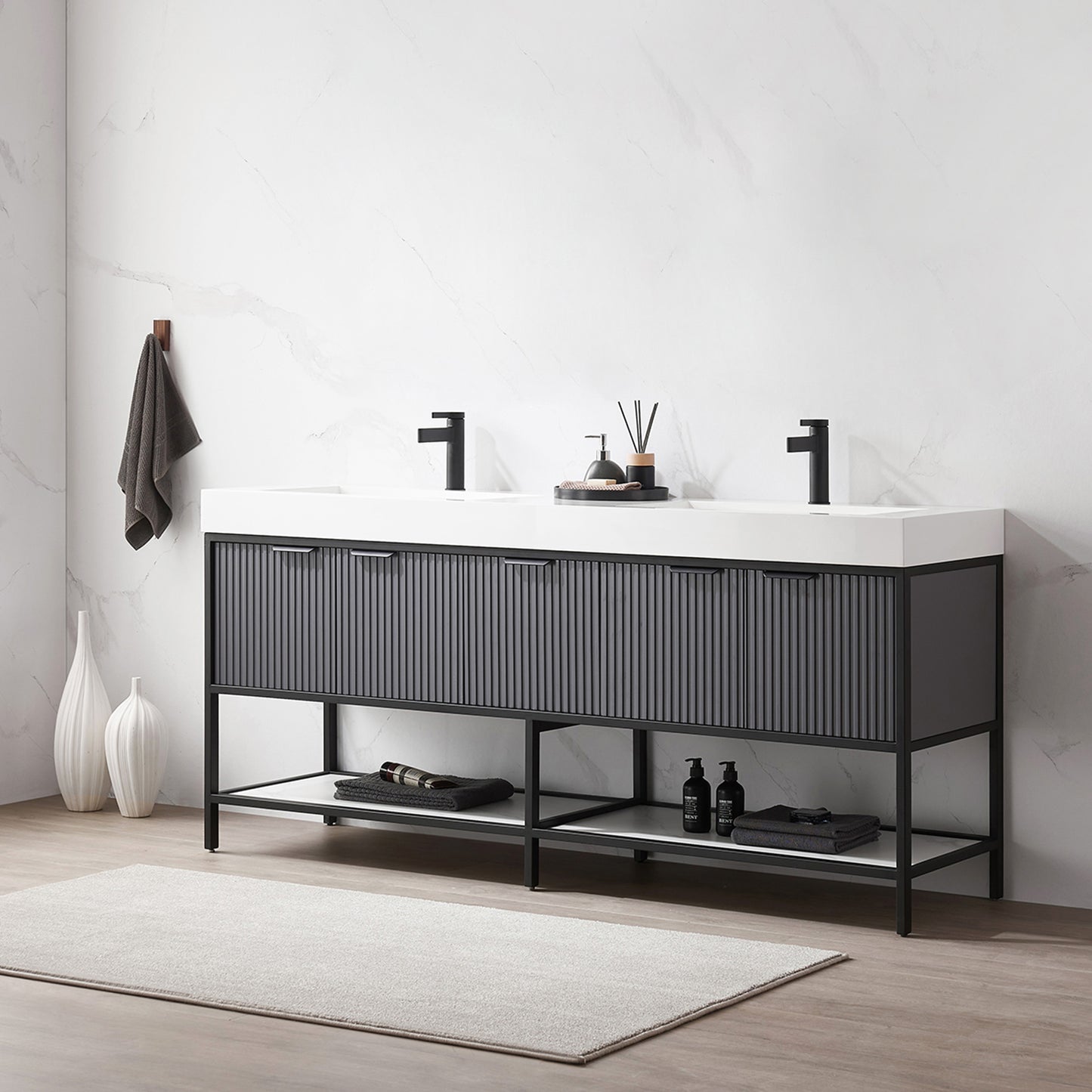 Marcilla 72" Double Sink Bath Vanity in Grey with One-Piece Composite Stone Sink Top