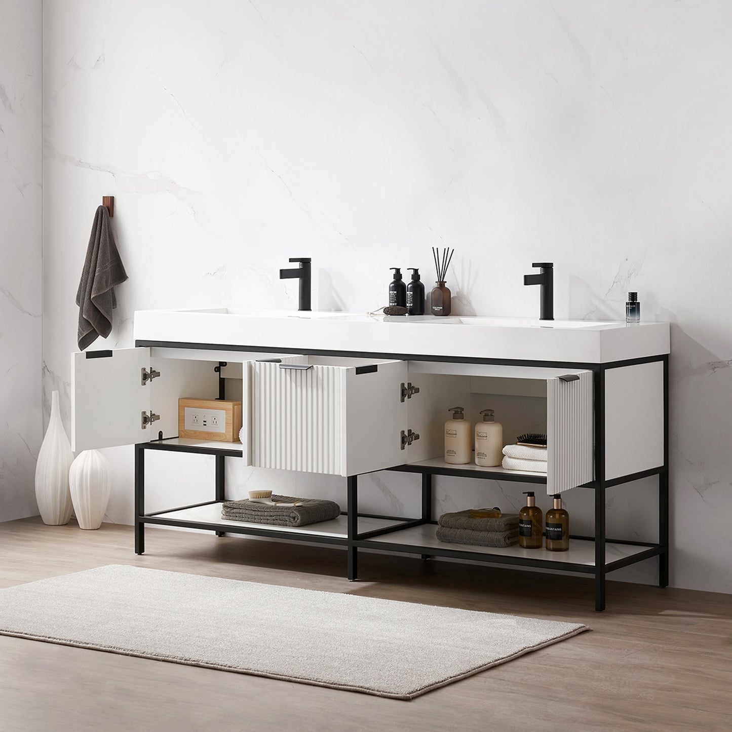 Marcilla 72" Double Sink Bath Vanity in White with One-Piece Composite Stone Sink Top