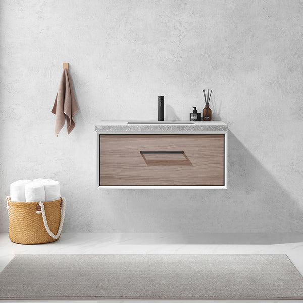 Caparroso 36 Single Sink Bath Vanity in Light Walnut with Grey Sintered Stone Top
