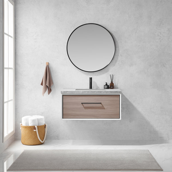 Caparroso 36 Single Sink Bath Vanity in Light Walnut with Grey Sintered Stone Top and Mirror