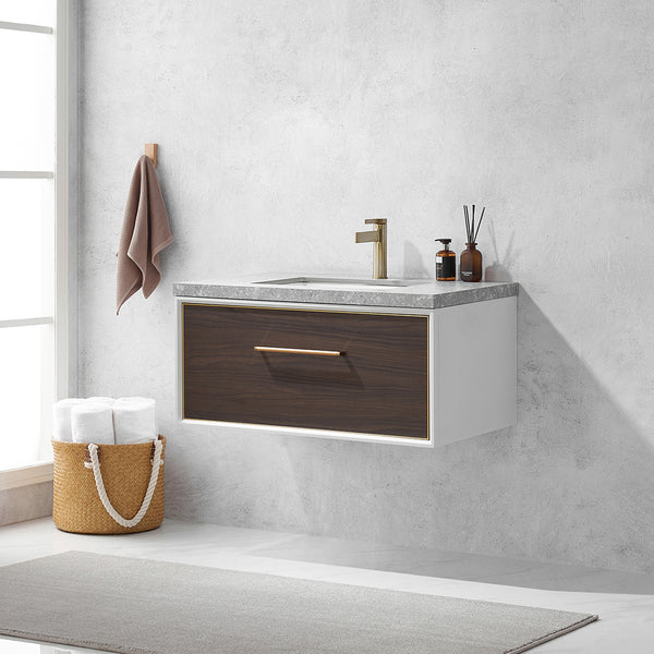 Caparroso 36 Single Sink Bath Vanity in Dark Walnut  with Grey Sintered Stone Top