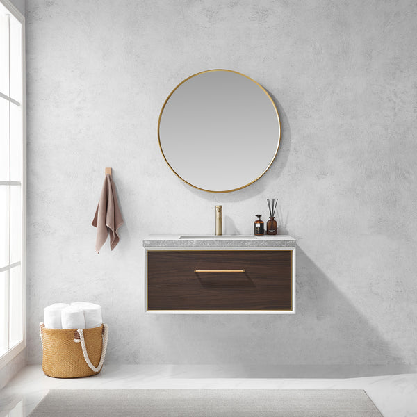 Caparroso 36 Single Sink Bath Vanity in Dark Walnut with Grey Sintered Stone Top and Mirror