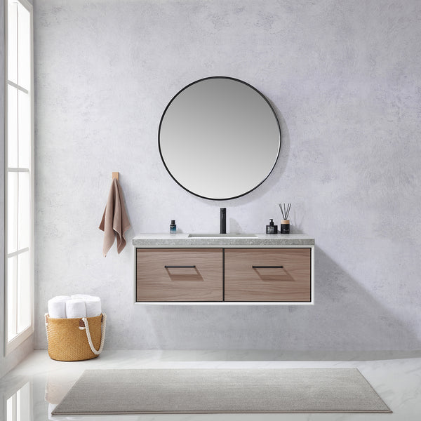 Caparroso 48 Single Sink Bath Vanity in Light Walnut with Grey Sintered Stone Top and Mirror