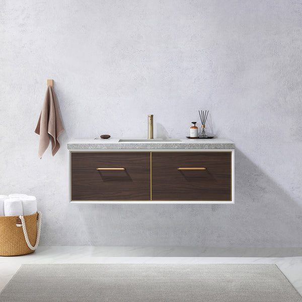 Caparroso 48 Single Sink Bath Vanity in Dark Walnut  with Grey Sintered Stone Top