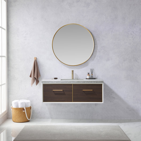Caparroso 48 Single Sink Bath Vanity in Dark Walnut with Grey Sintered Stone Top and Mirror