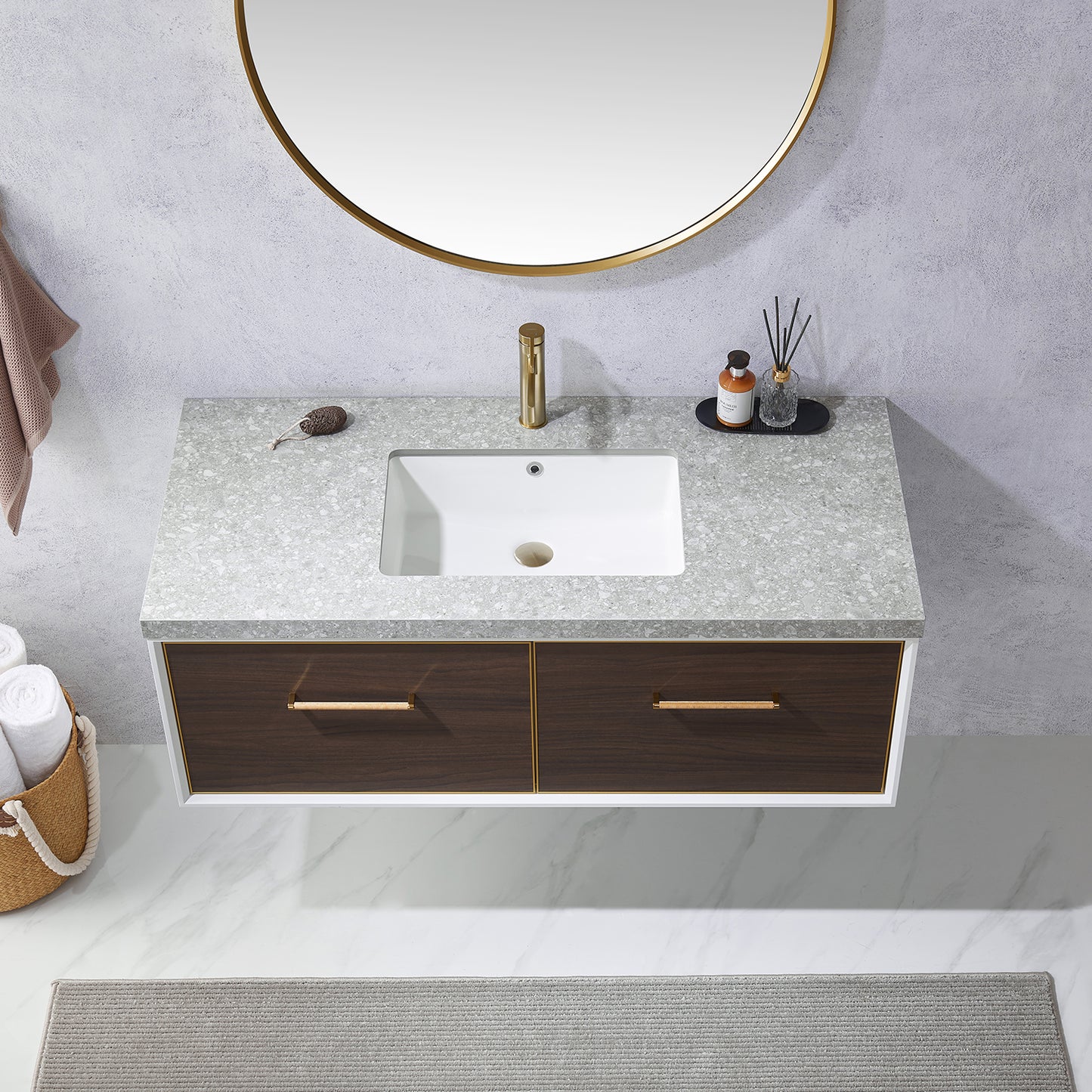 Caparroso 48" Single Sink Bath Vanity in Dark Walnut with Grey Sintered Stone Top and Mirror